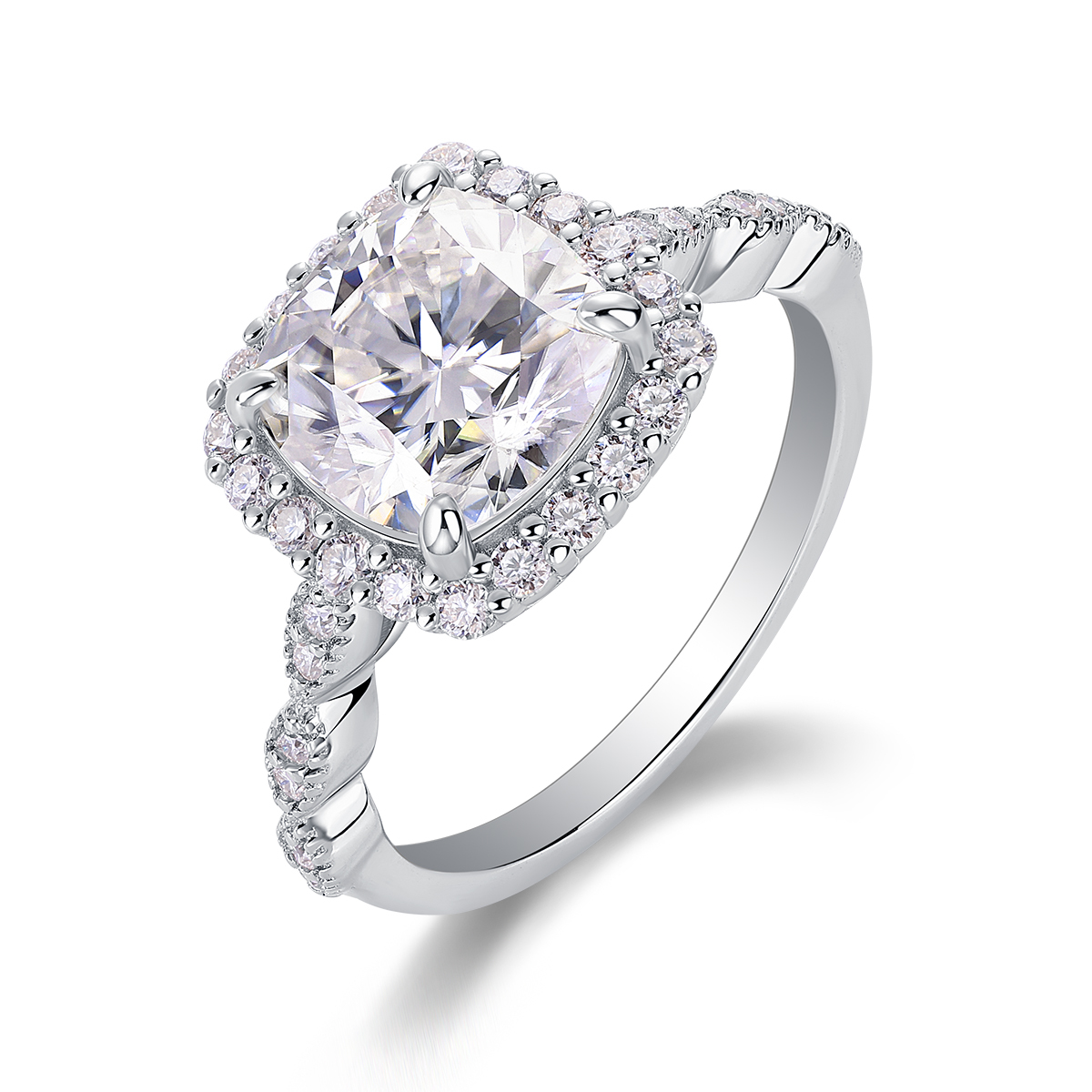 3Ct Moissanite Cushion Cut Halo Sophisticated Design Engagement Ring in Sterling Silver-Sterling Silver-lornajewelry