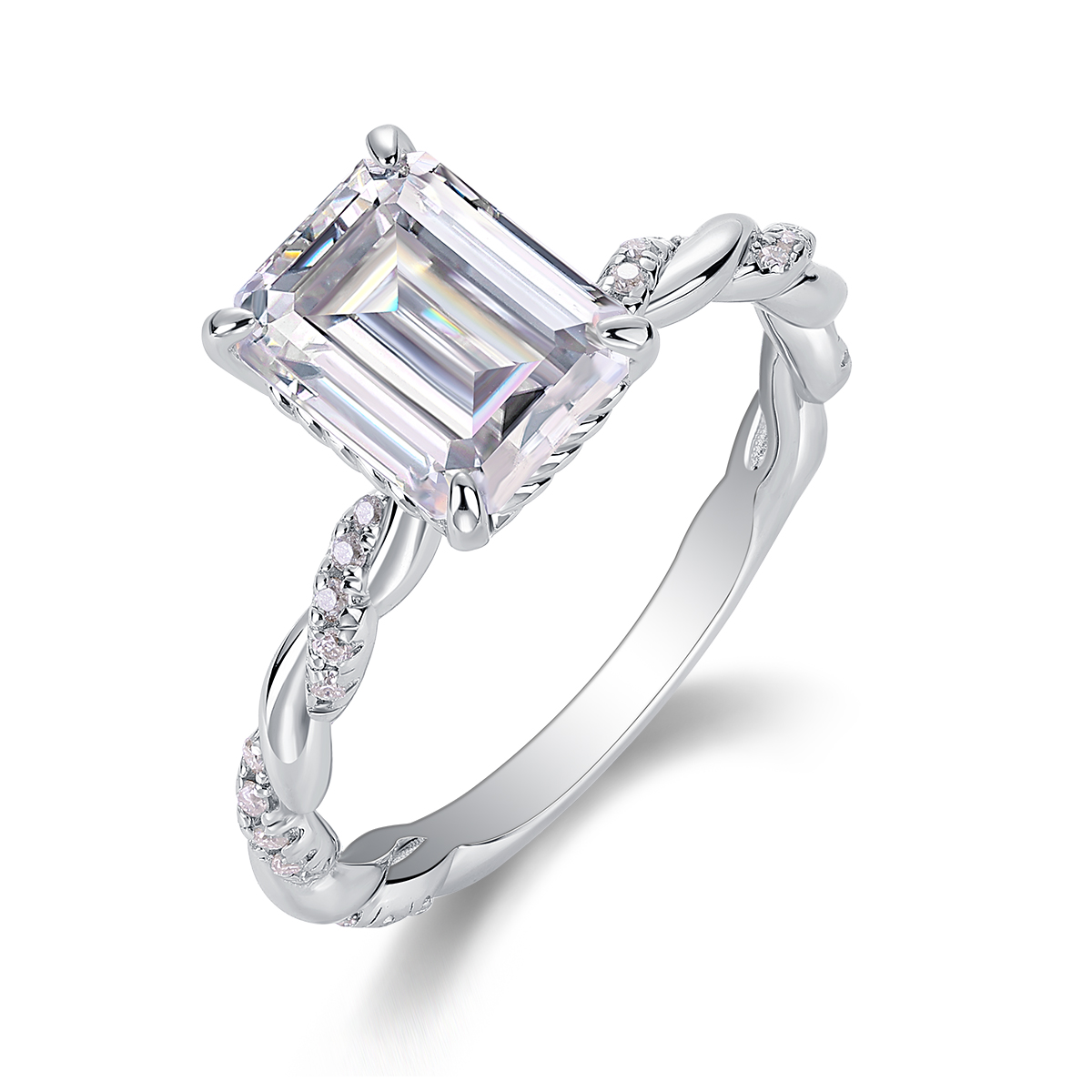 3Ct Moissanite Emerald Cut Twist Classic Design Engagement Ring in Sterling Silver-Sterling Silver-lornajewelry