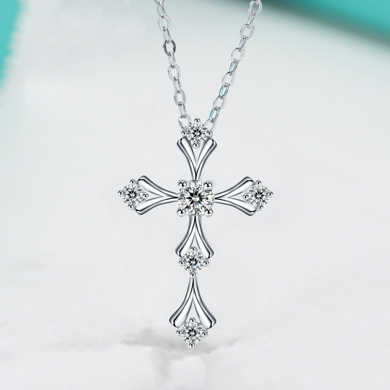 Moissanite Cross Design Necklace in Sterling Silver-Sterling Silver-lornajewelry