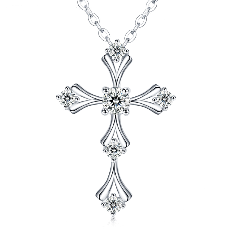 Moissanite Cross Design Necklace in Sterling Silver-Sterling Silver-lornajewelry