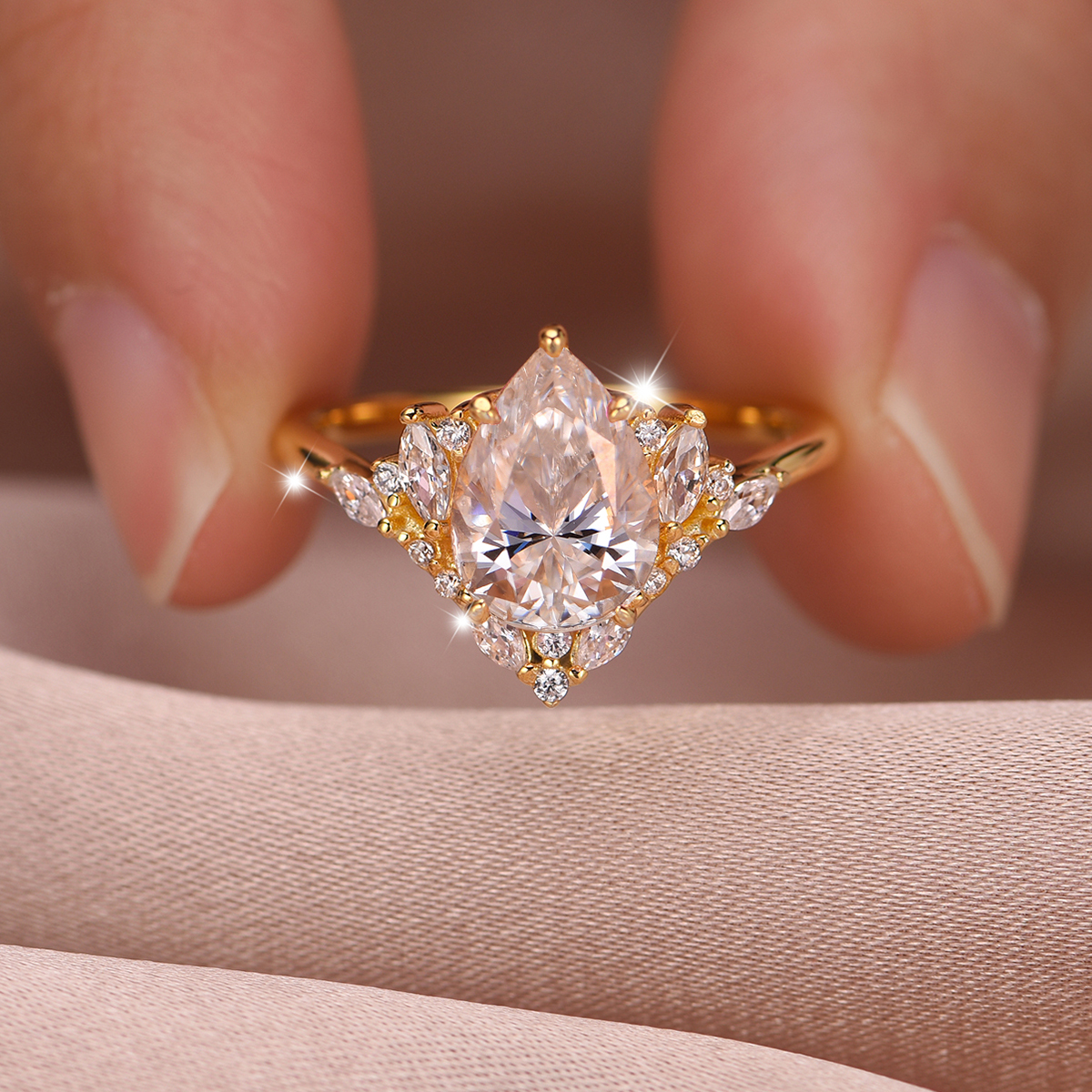 2Ct Moissanite Pear Cut Side Stone Romantic Design Engagement Ring in Sterling Silver-Sterling Silver-lornajewelry