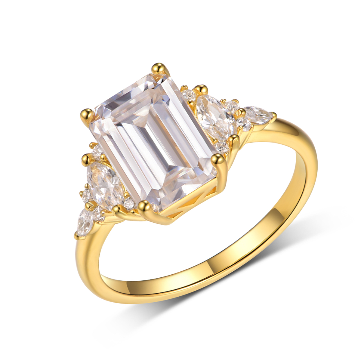 3Ct Moissanite Emerald Cut Side Stone Refined Design Engagement Ring in Sterling Silver-Sterling Silver-lornajewelry