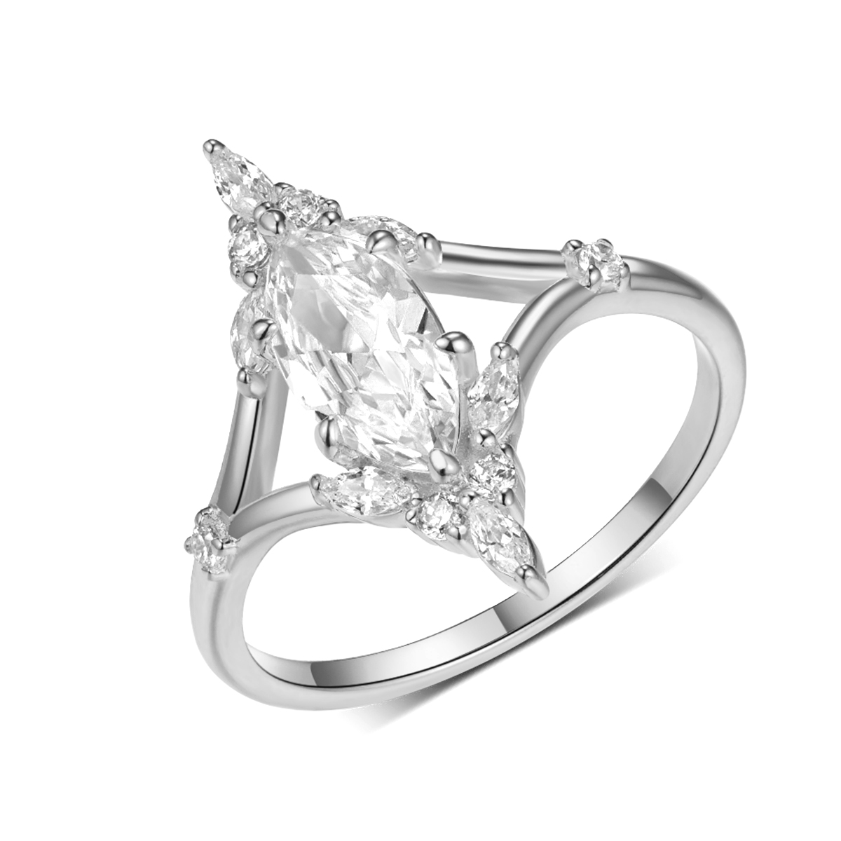 1Ct Moissanite Marquise Cut Split Shank Romantic Design Engagement Ring in Sterling Silver-Sterling Silver-lornajewelry