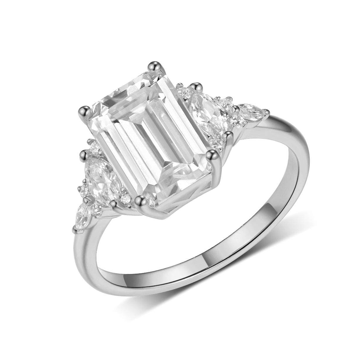 3Ct Moissanite Emerald Cut Side Stone Refined Design Engagement Ring in Sterling Silver-Sterling Silver-lornajewelry