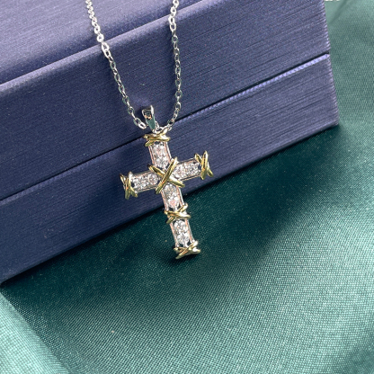 Moissanite Two Tone Cross Design Necklace in Sterling Silver-Sterling Silver-lornajewelry