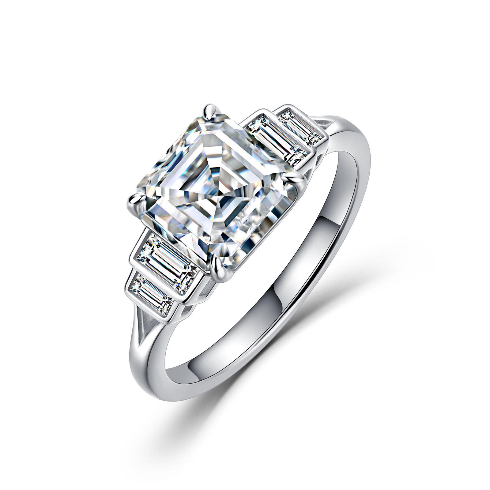 3Ct Moissanite Asscher Cut Side Stone Chic Design Engagement Ring in Sterling Silver-Sterling Silver-lornajewelry
