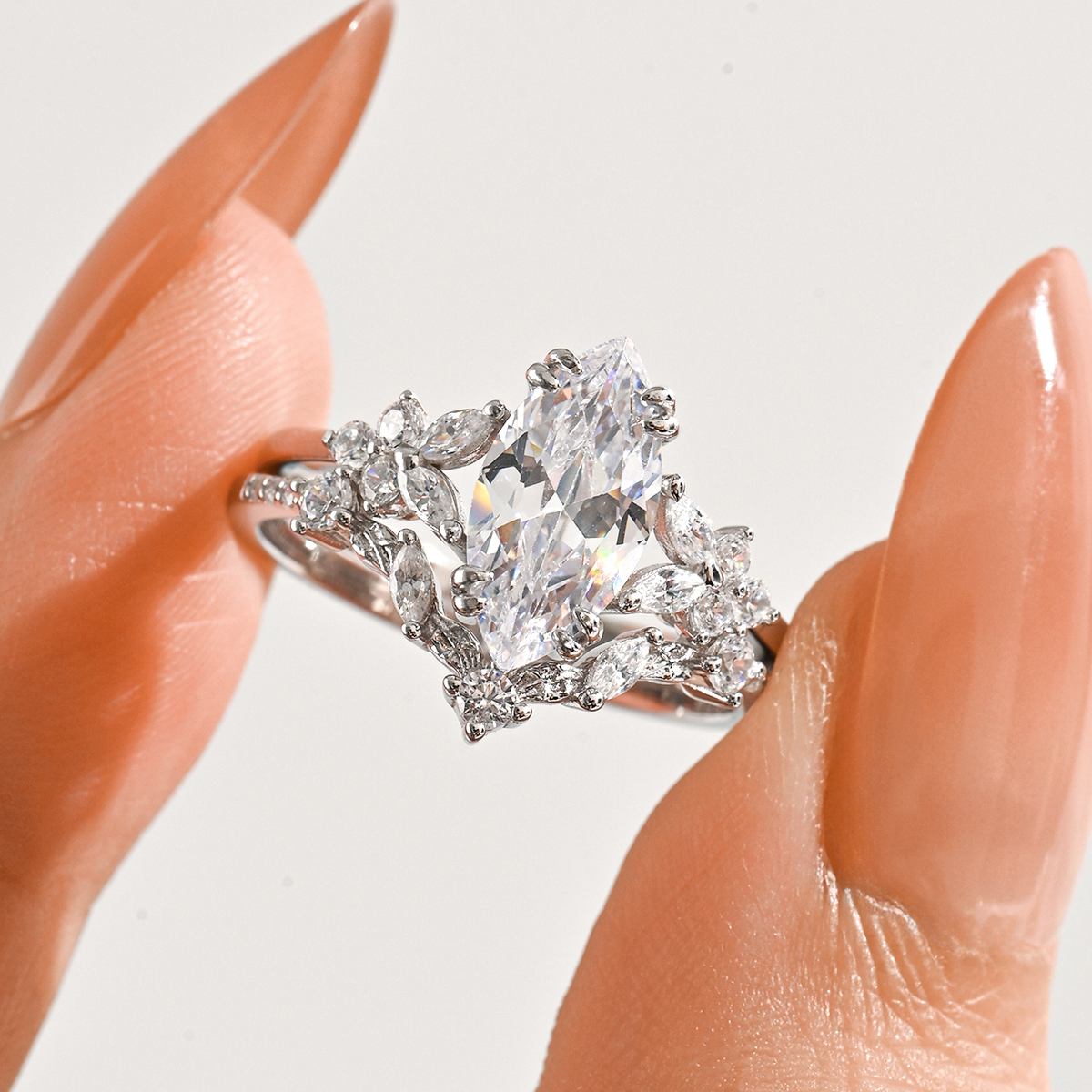 1.0Ct Moissanite Marquise Cut Romantic Floral Wedding Set in Sterling Silver-Sterling Silver-lornajewelry