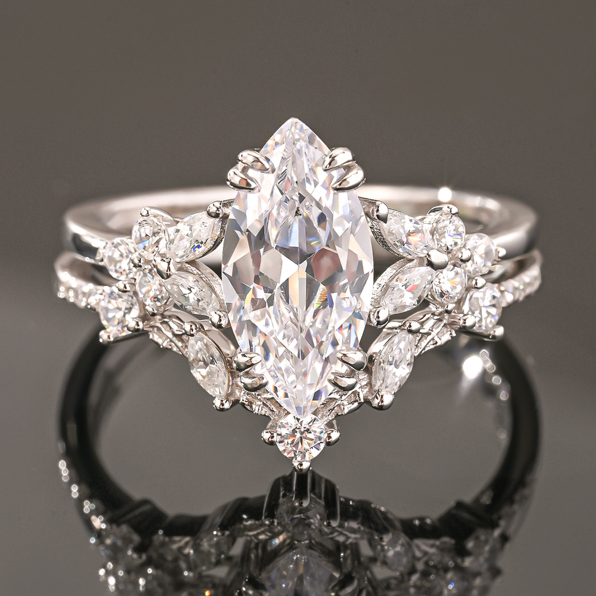 1.0Ct Moissanite Marquise Cut Romantic Floral Wedding Set in Sterling Silver-Sterling Silver-lornajewelry