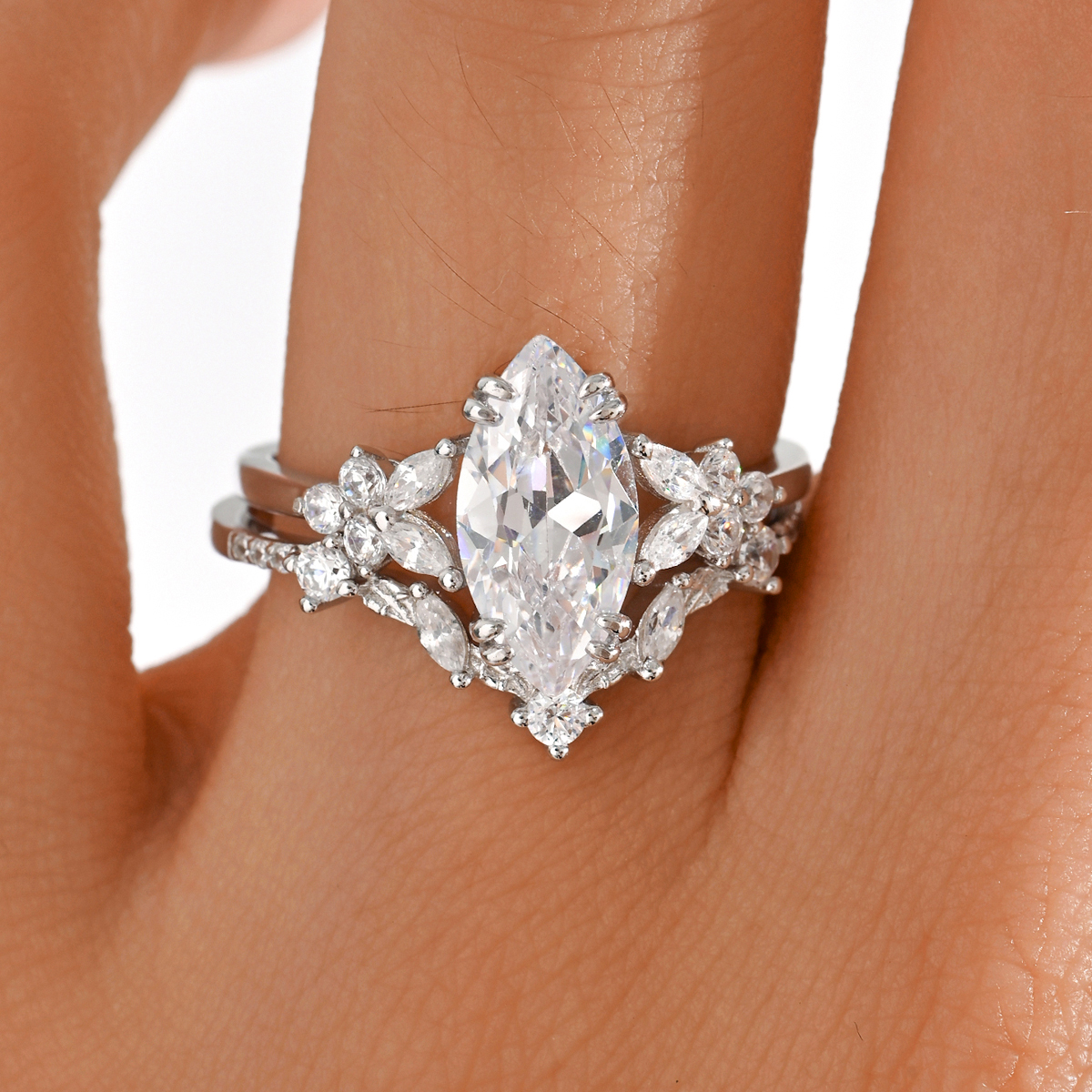 1.0Ct Moissanite Marquise Cut Romantic Floral Wedding Set in Sterling Silver-Sterling Silver-lornajewelry