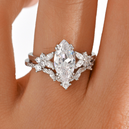 1.0Ct Moissanite Marquise Cut Romantic Floral Wedding Set in Sterling Silver-Sterling Silver-lornajewelry
