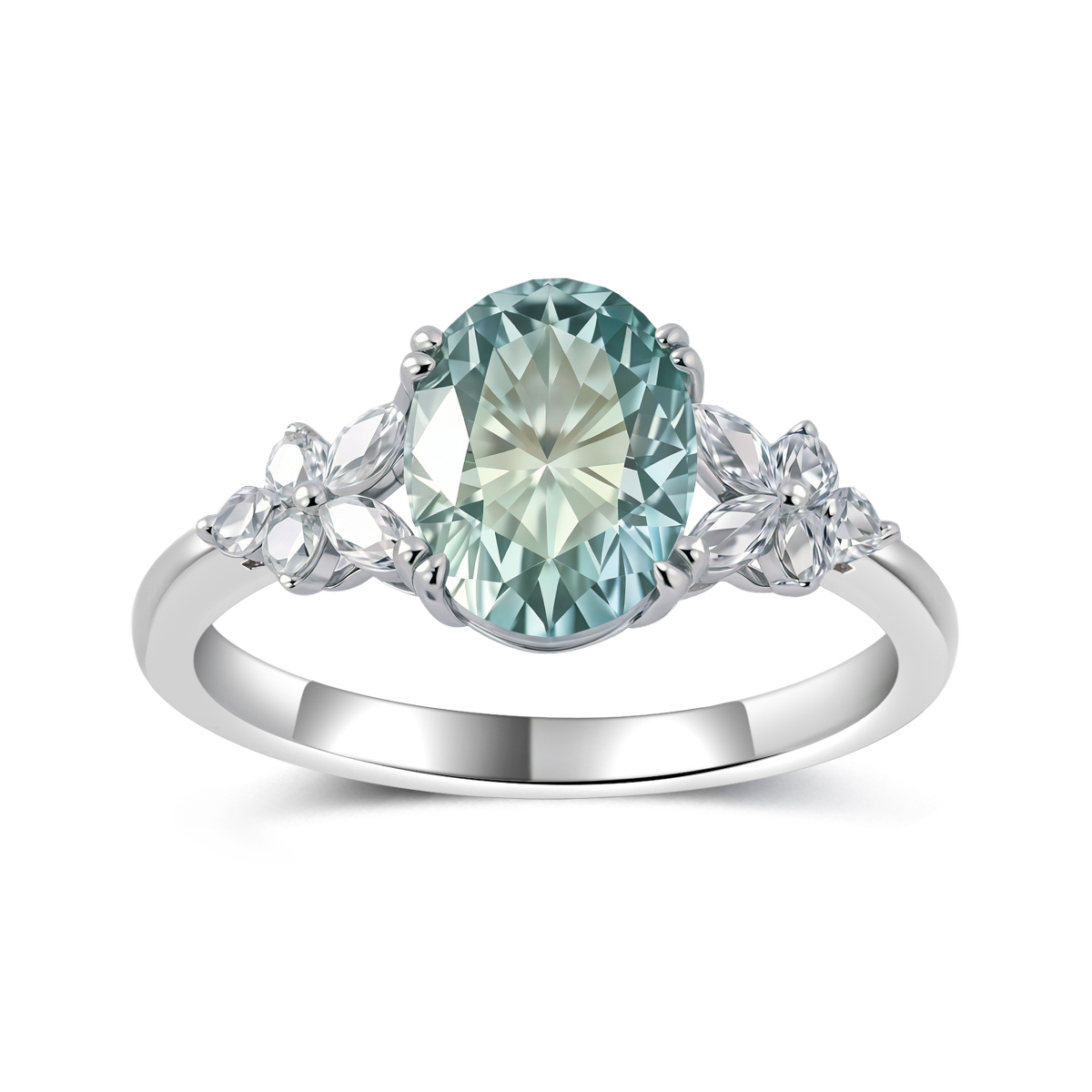 2Ct Green Moissanite Oval Cut Side Stone Floral Elegant Design Engagement Ring in Sterling Silver-Sterling Silver-lornajewelry