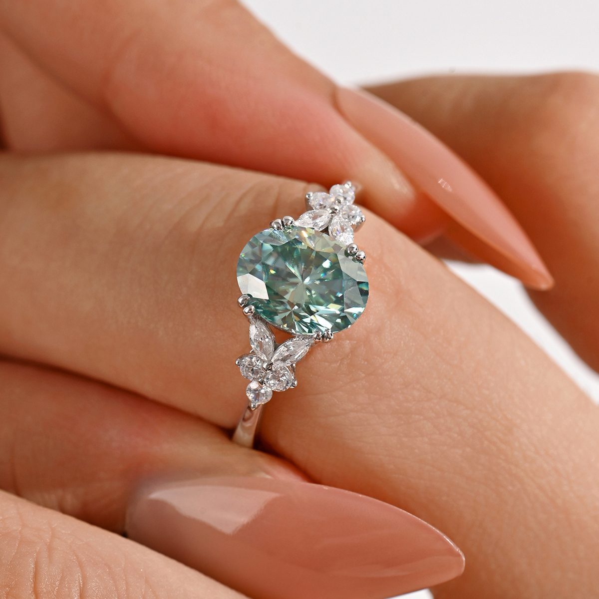 2Ct Green Moissanite Oval Cut Side Stone Floral Elegant Design Engagement Ring in Sterling Silver-Sterling Silver-lornajewelry