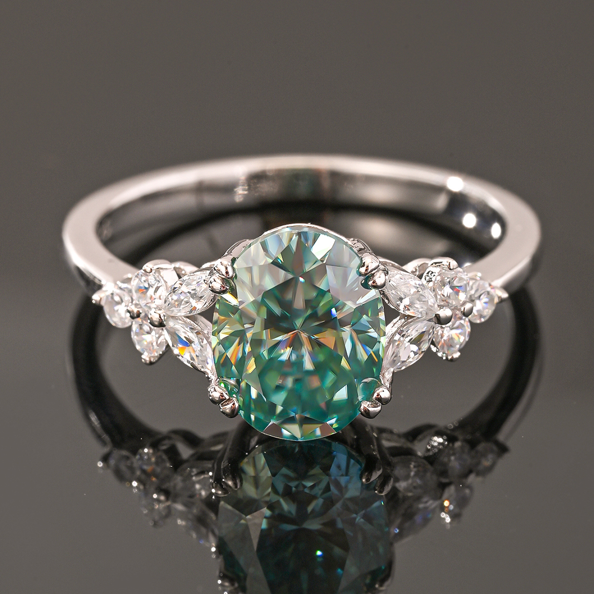 2Ct Green Moissanite Oval Cut Side Stone Floral Elegant Design Engagement Ring in Sterling Silver-Sterling Silver-lornajewelry