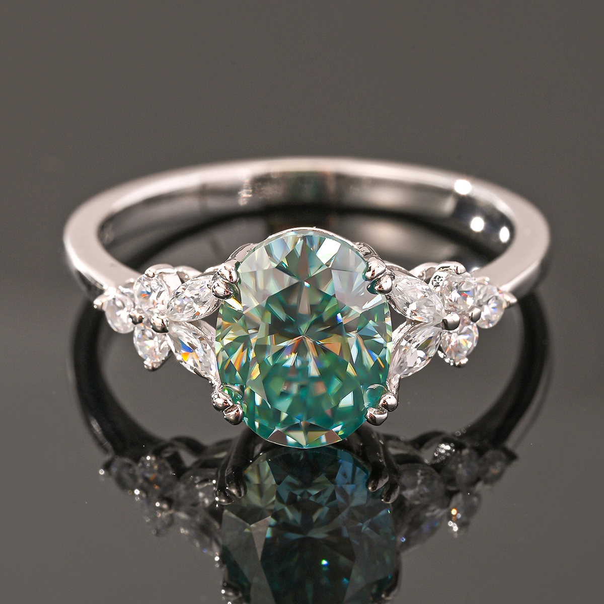2Ct Green Moissanite Oval Cut Side Stone Floral Elegant Design Engagement Ring in Sterling Silver-Sterling Silver-lornajewelry