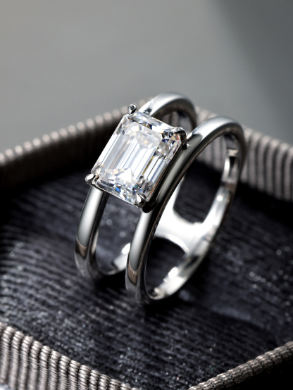 2Ct Moissanite Emerald Cut Sugar Cube Design Solitaire Engagement Ring in Sterling Silver-Sterling Silver-lornajewelry