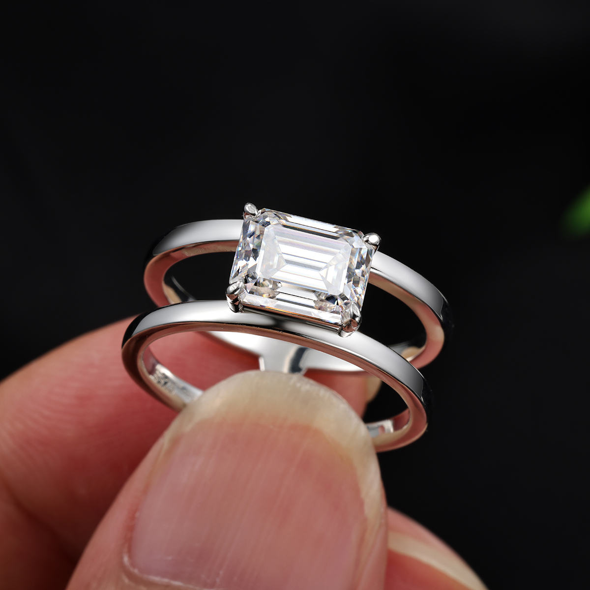 2Ct Moissanite Emerald Cut Sugar Cube Design Solitaire Engagement Ring in Sterling Silver-Sterling Silver-lornajewelry