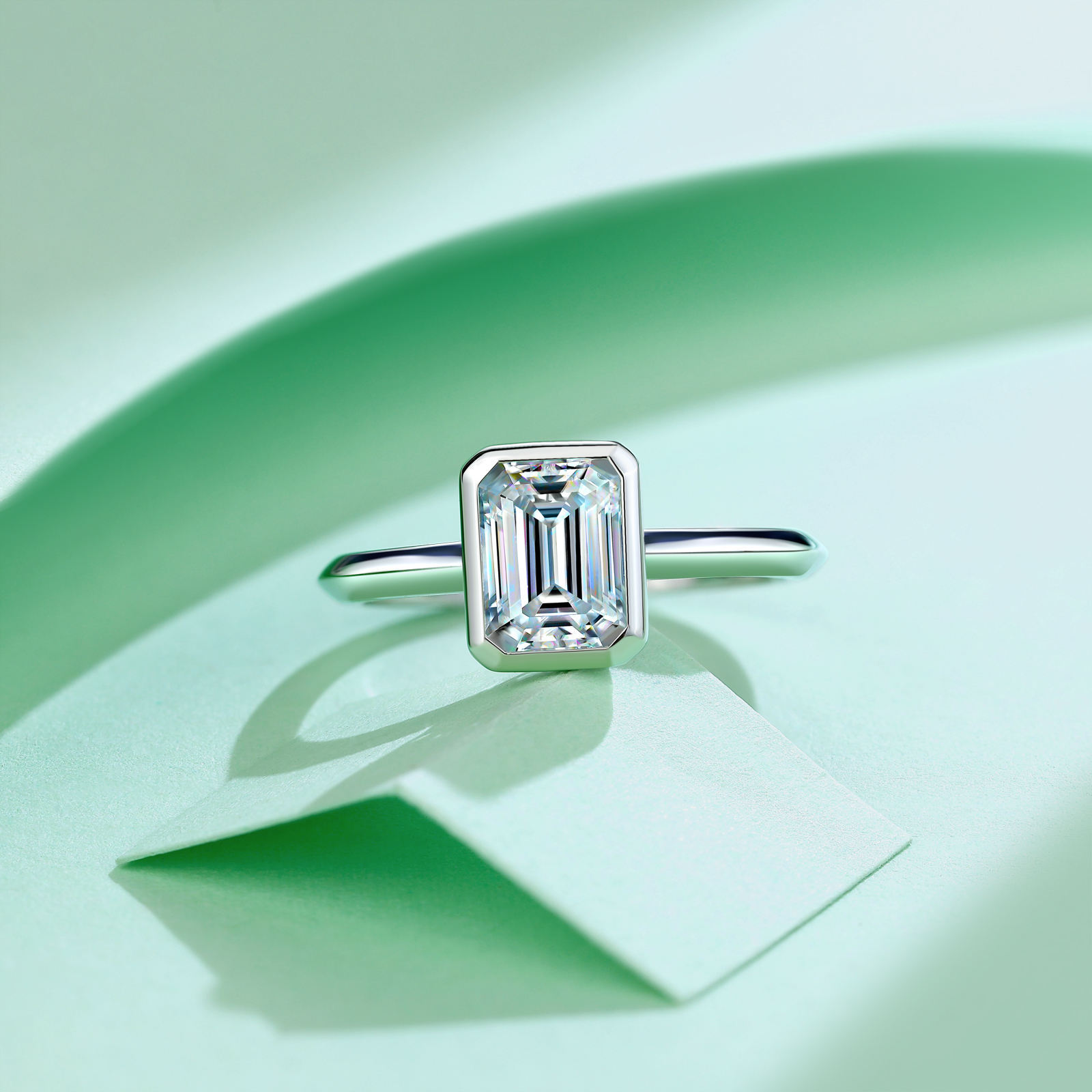 2Ct Moissanite Emerald Cut Bezel Engagement Ring in Sterling Silver-Sterling Silver-lornajewelry