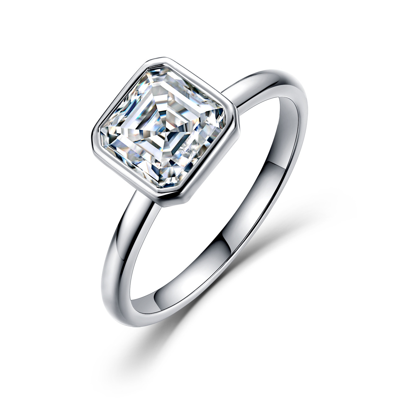 2.5Ct Moissanite Asscher Cut Bezel Setting Luxury Engagement Ring in Sterling Silver-Sterling Silver-lornajewelry