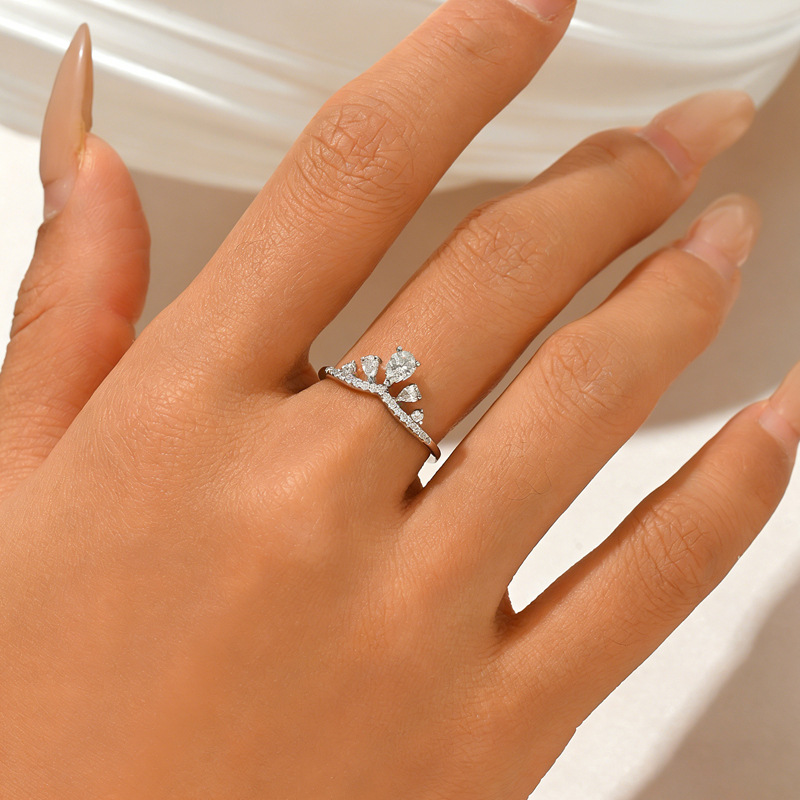 0.7Ct Moissanite Pear Cut Side Stone Crown Inspired Elegant Engagement Ring in Sterling Silver-Sterling Silver-lornajewelry