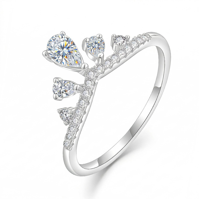 0.7Ct Moissanite Pear Cut Side Stone Crown Inspired Elegant Engagement Ring in Sterling Silver-Sterling Silver-lornajewelry