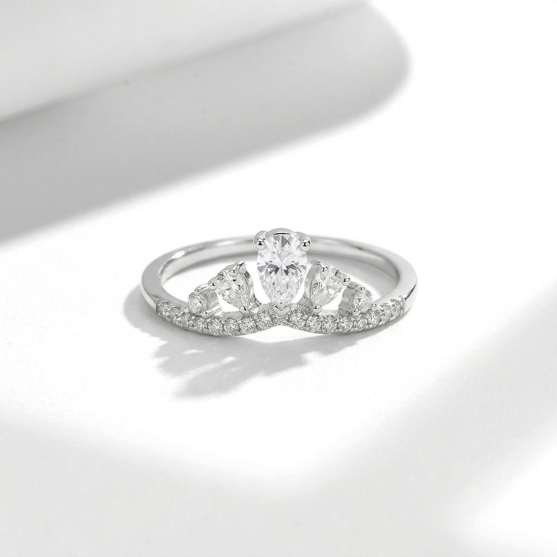 0.7Ct Moissanite Pear Cut Side Stone Crown Inspired Elegant Engagement Ring in Sterling Silver-Sterling Silver-lornajewelry