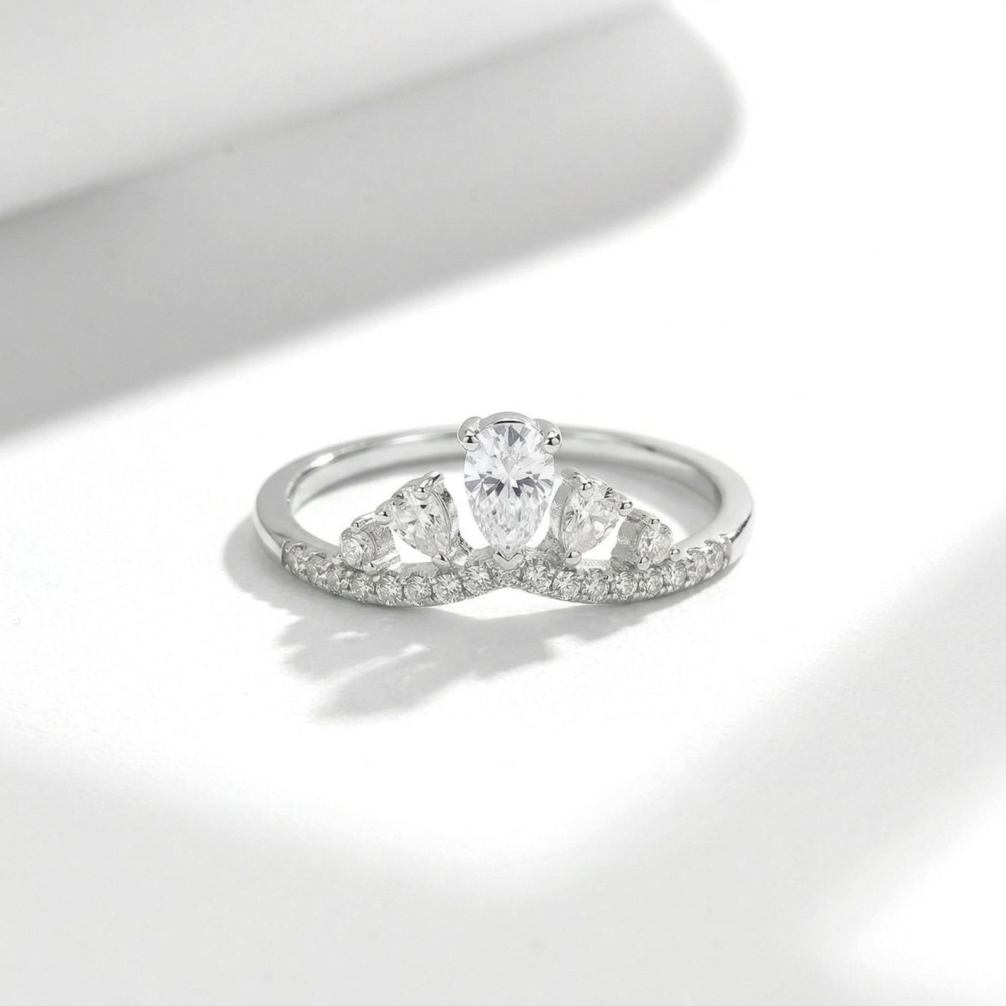 0.7Ct Moissanite Pear Cut Side Stone Crown Inspired Elegant Engagement Ring in Sterling Silver-Sterling Silver-lornajewelry