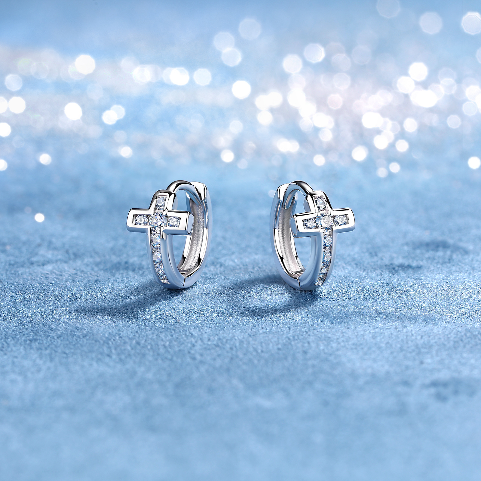 Moissanite Cross Design Hoop Earrings in Sterling Silver-Sterling Silver-lornajewelry