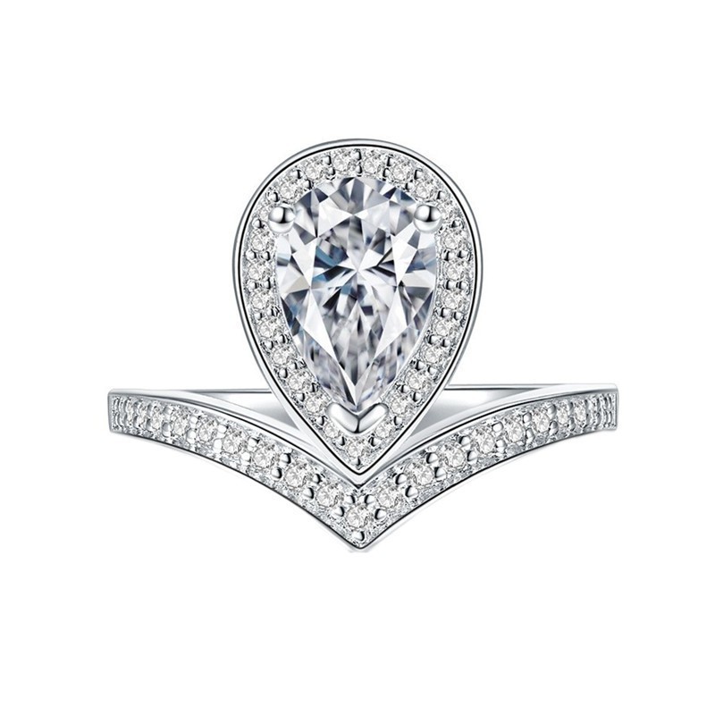 1Ct Moissanite Pear Cut with V-Shaped Band Halo Engagement Ring in Ste