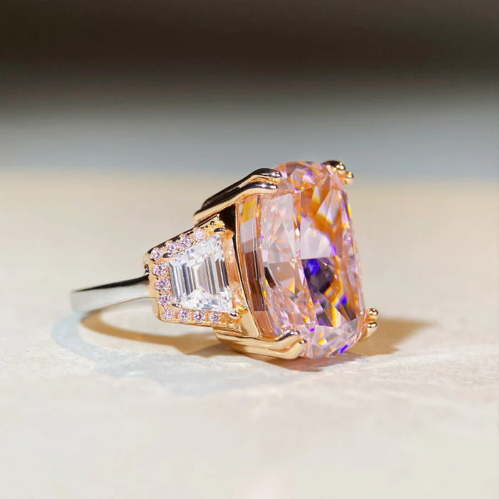 Three Stone Pink Cushion Cut Two-tone Plating Engagement Ring in Sterling Silver-Sterling Silver-lornajewelry