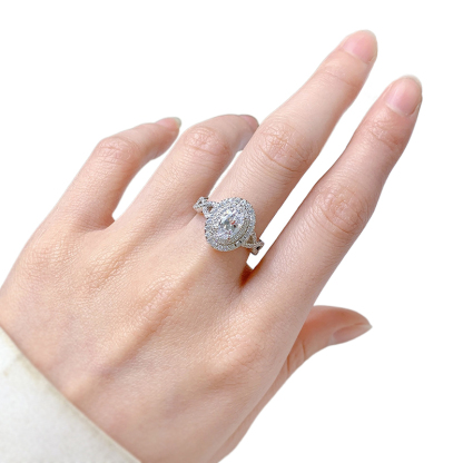 1Ct White Oval Cut Double Halo Setting Vintage Ring-Sterling Silver-lornajewelry