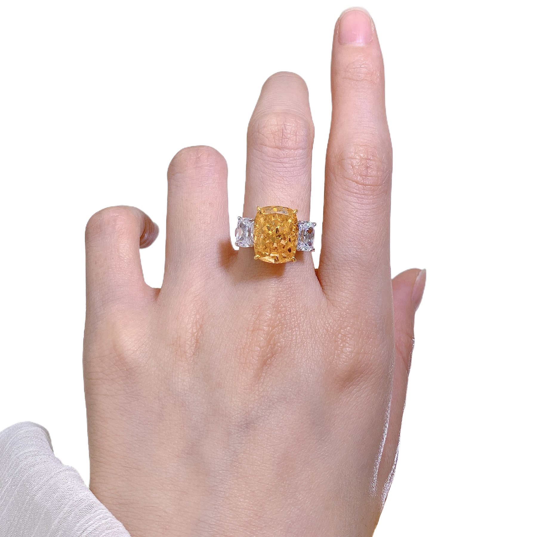 6.5Ct Cushion Cut Orange Diamond Three Stone Ring-Sterling Silver-lornajewelry