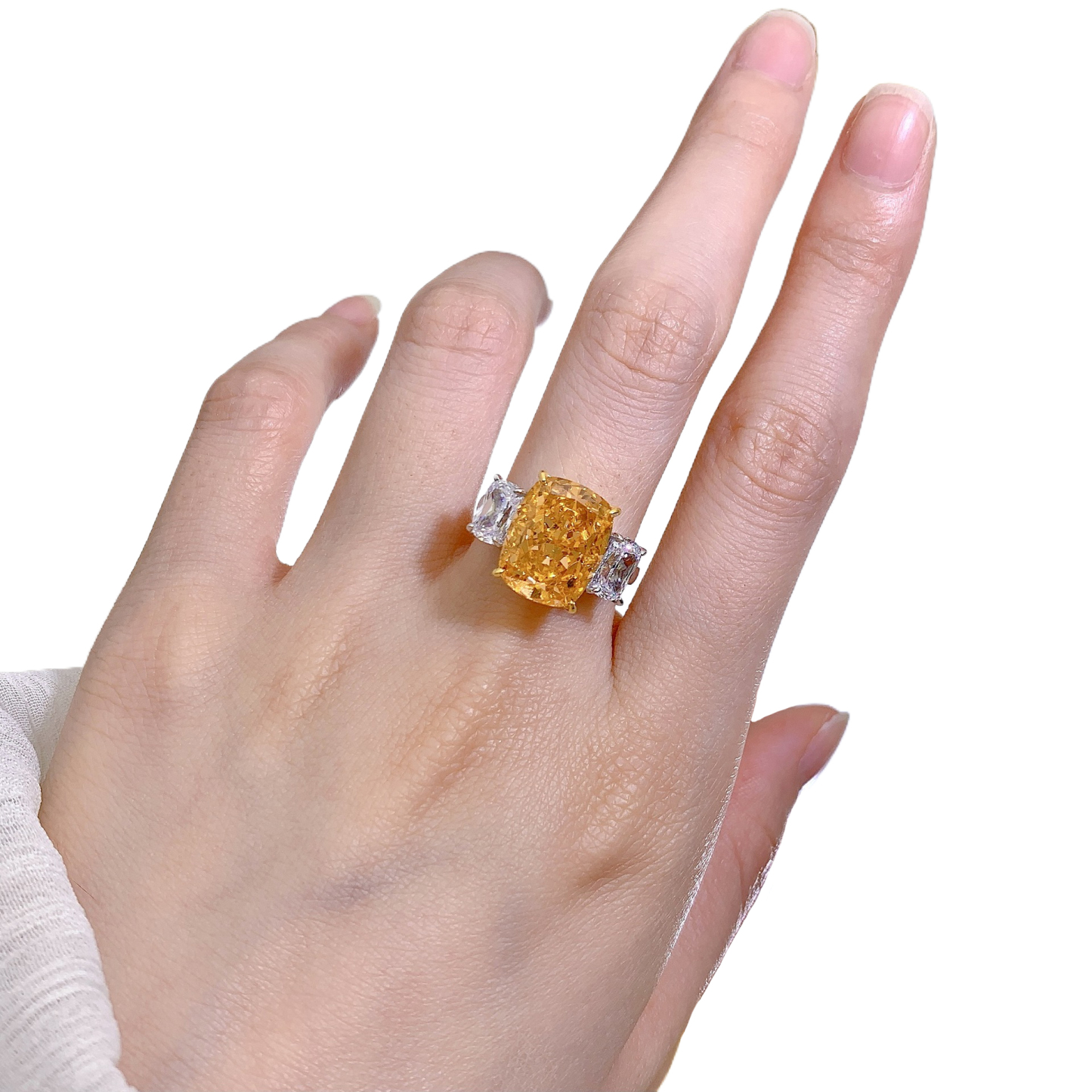 6.5Ct Cushion Cut Orange Diamond Three Stone Ring-Sterling Silver-lornajewelry