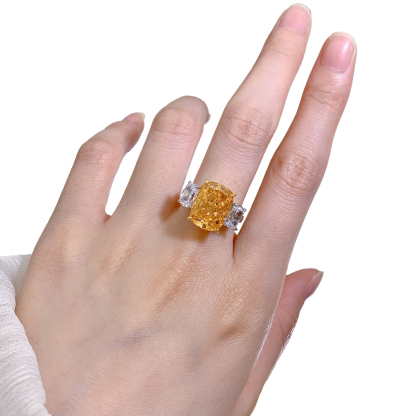 6.5Ct Cushion Cut Orange Diamond Three Stone Ring-Sterling Silver-lornajewelry