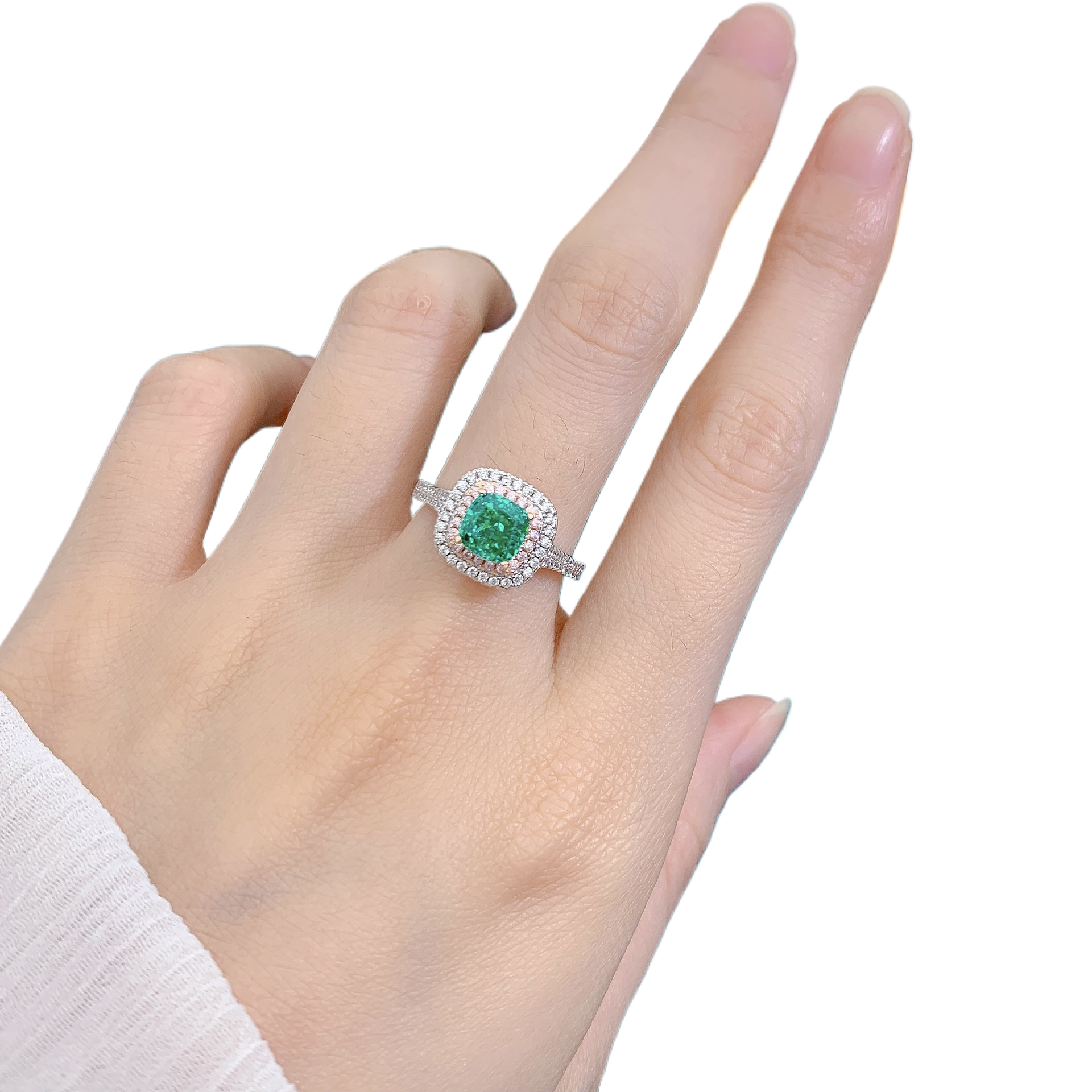 3.5Ct Cushion Cut Green Gemstone Double Halo Ring-Sterling Silver-lornajewelry
