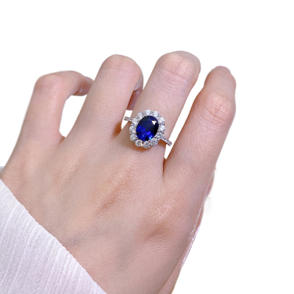 2.5Ct Oval Cut Blue Gemstone Halo Design Ring-Sterling Silver-lornajewelry