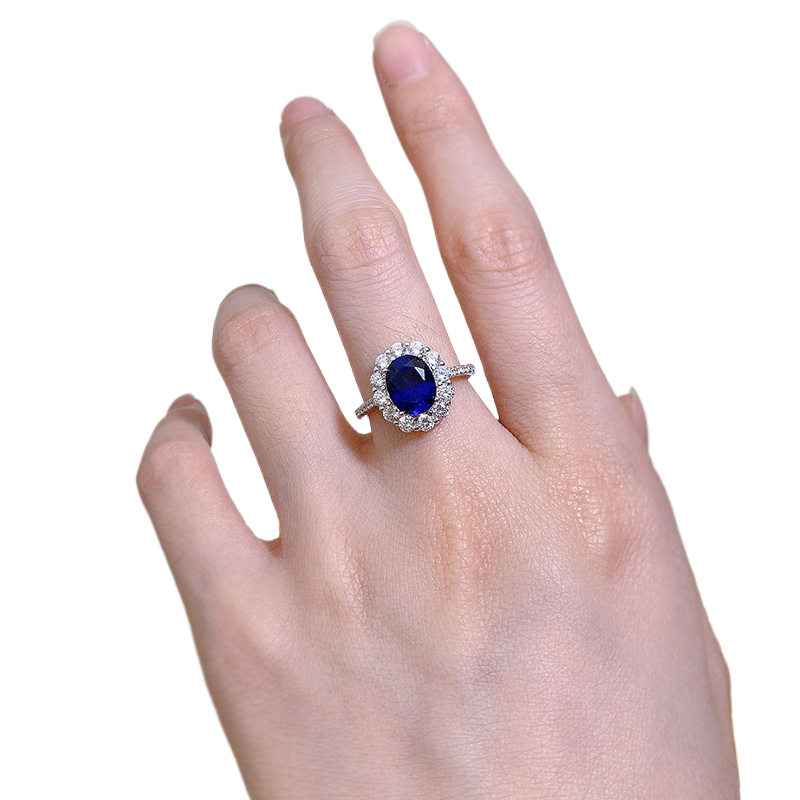 2.5Ct Oval Cut Blue Gemstone Halo Design Ring-Sterling Silver-lornajewelry