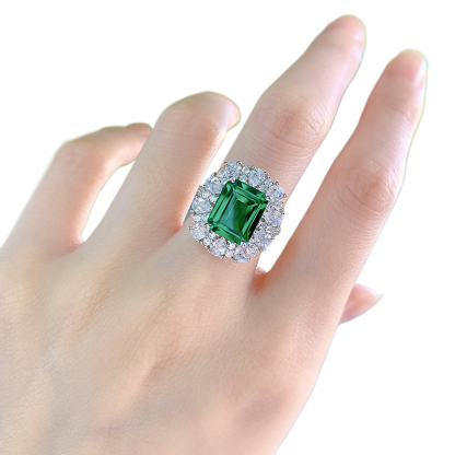 6Ct Emerald Cut Green Vintage Halo Design Ring-Sterling Silver-lornajewelry