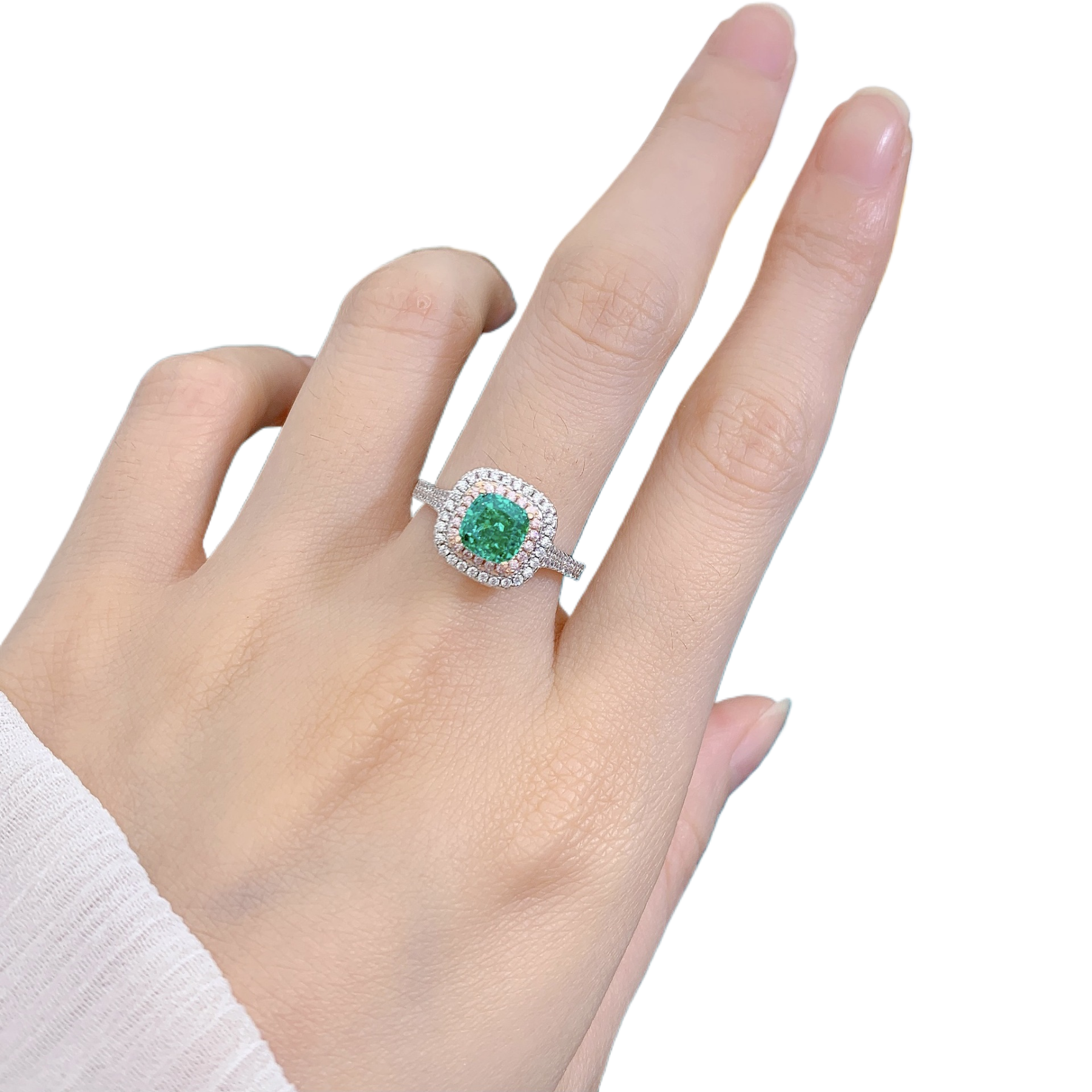 3.5Ct Cushion Cut Green Gemstone Double Halo Ring-Sterling Silver-lornajewelry