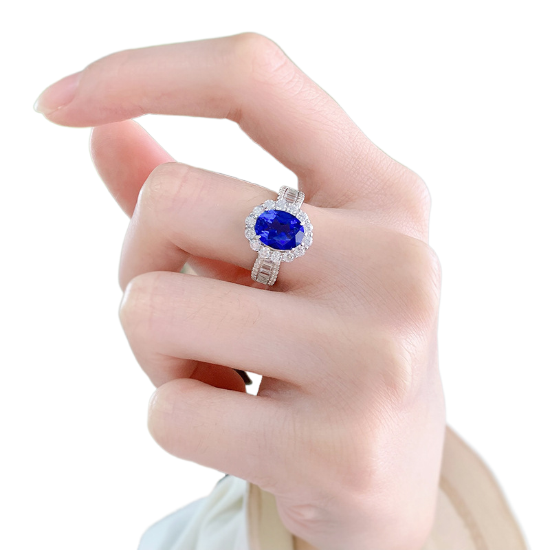 2.5Ct Oval Cut Blue Sapphire Halo Design Ring-Sterling Silver-lornajewelry
