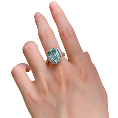 7Ct Emerald Cut Green Tourmaline Halo Design Ring-Sterling Silver-lornajewelry