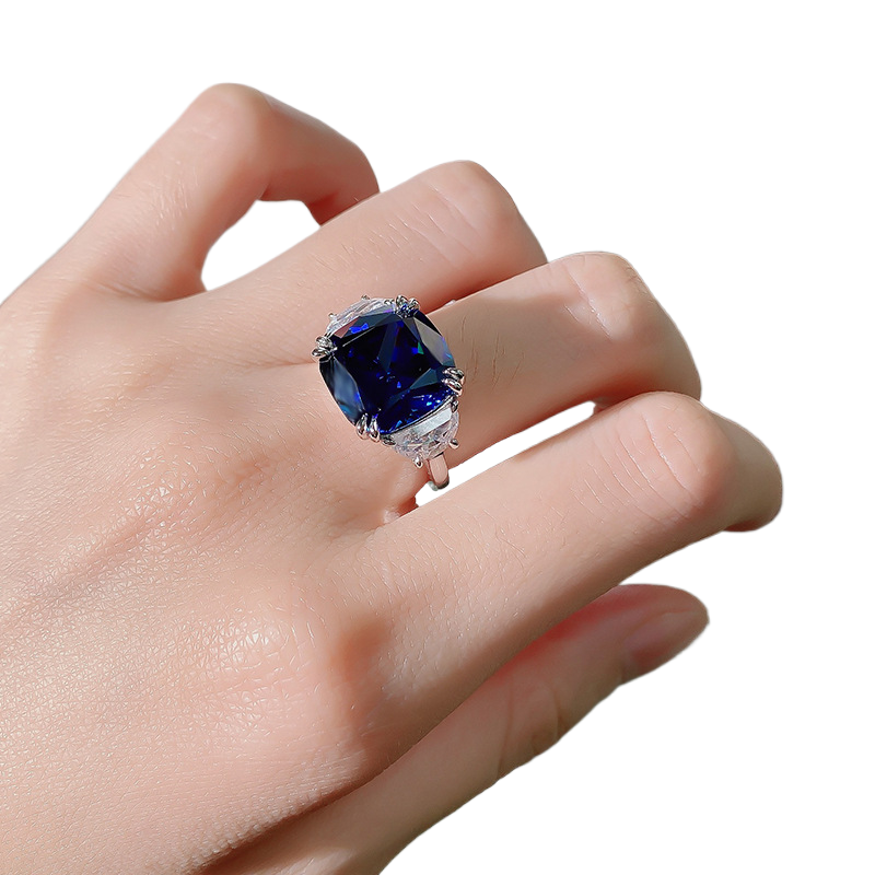 11Ct Blue Cushion Cut Prong Setting Classic Style Ring-Sterling Silver-lornajewelry