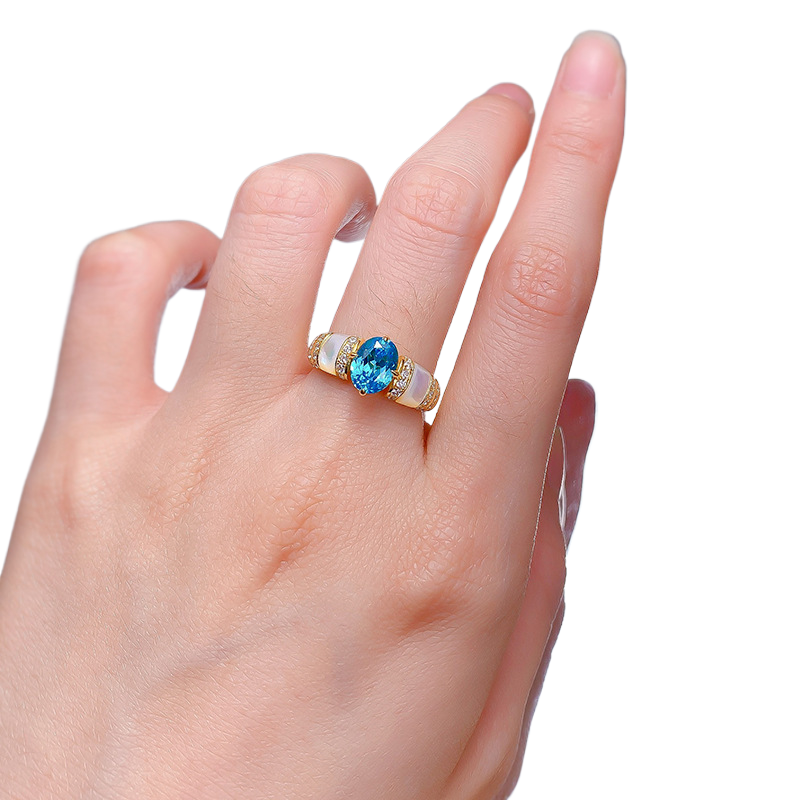 1Ct Aquamarine Blue Oval Cut Classic Style Ring with Off-White Shell-Sterling Silver-lornajewelry