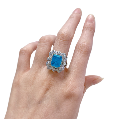 5Ct Emerald Cut Paraiba Gemstone Vintage Style Halo Ring-Sterling Silver-lornajewelry