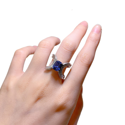 2Ct Blue Sapphire Cushion Cut Diamond Accent Unique Design Ring-Sterling Silver-lornajewelry