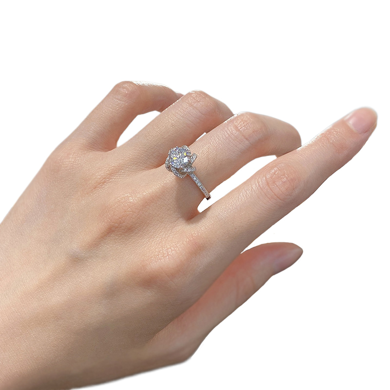 1Ct White Round Cut Flower Design Pave Setting Ring-Sterling Silver-lornajewelry