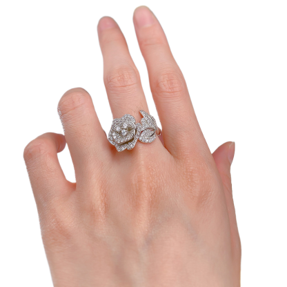 White Diamond Rose Pave Setting Ring-Sterling Silver-lornajewelry