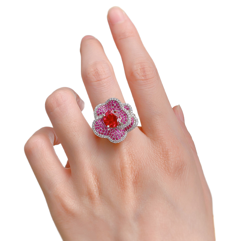 2Ct Round Cut Ruby Pave Flower Ring-Sterling Silver-lornajewelry