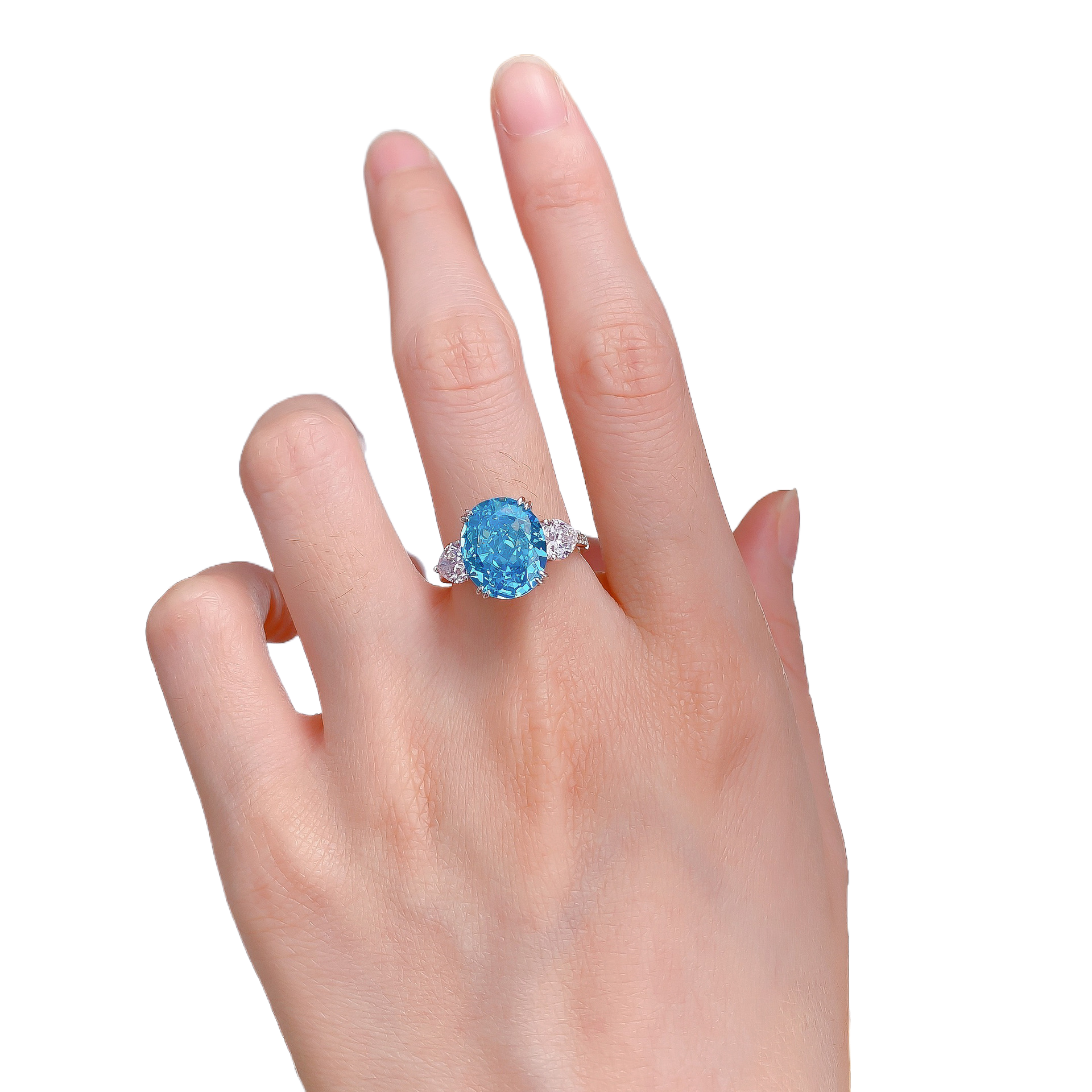 4.5Ct Aquamarine Blue Oval Cut Three-Stone Pave Setting Classic Style Ring-Sterling Silver-lornajewelry