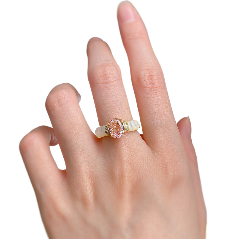 1.5Ct Pink Oval Cut Pave Setting with Mother of Pearl Ring-Sterling Silver-lornajewelry
