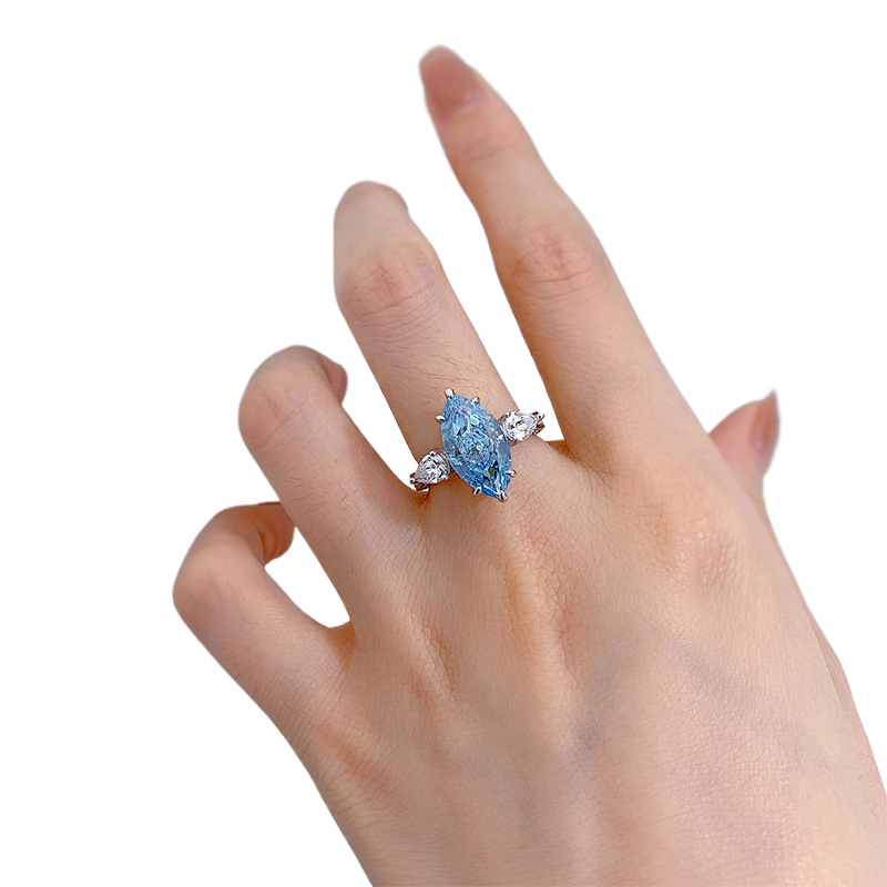 4.5Ct Aquamarine Blue Marquise Cut Three-Stone Ring-Sterling Silver-lornajewelry